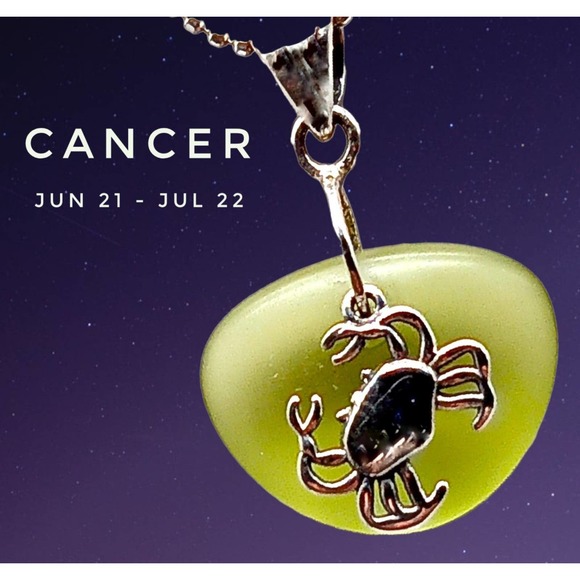 925 Sterling Silver Sea Glass Pendant Zodiac Cancer Crab Green Handmade Necklace - Picture 1 of 5